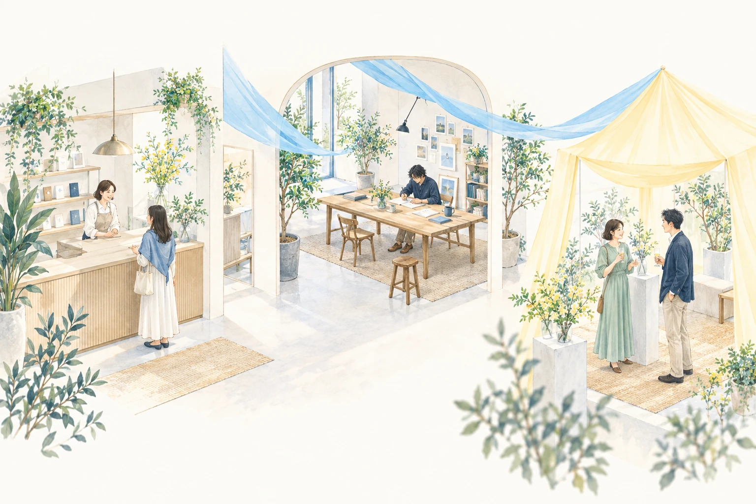 由藍色布帶連接的店舖、工作空間與活動場景插畫