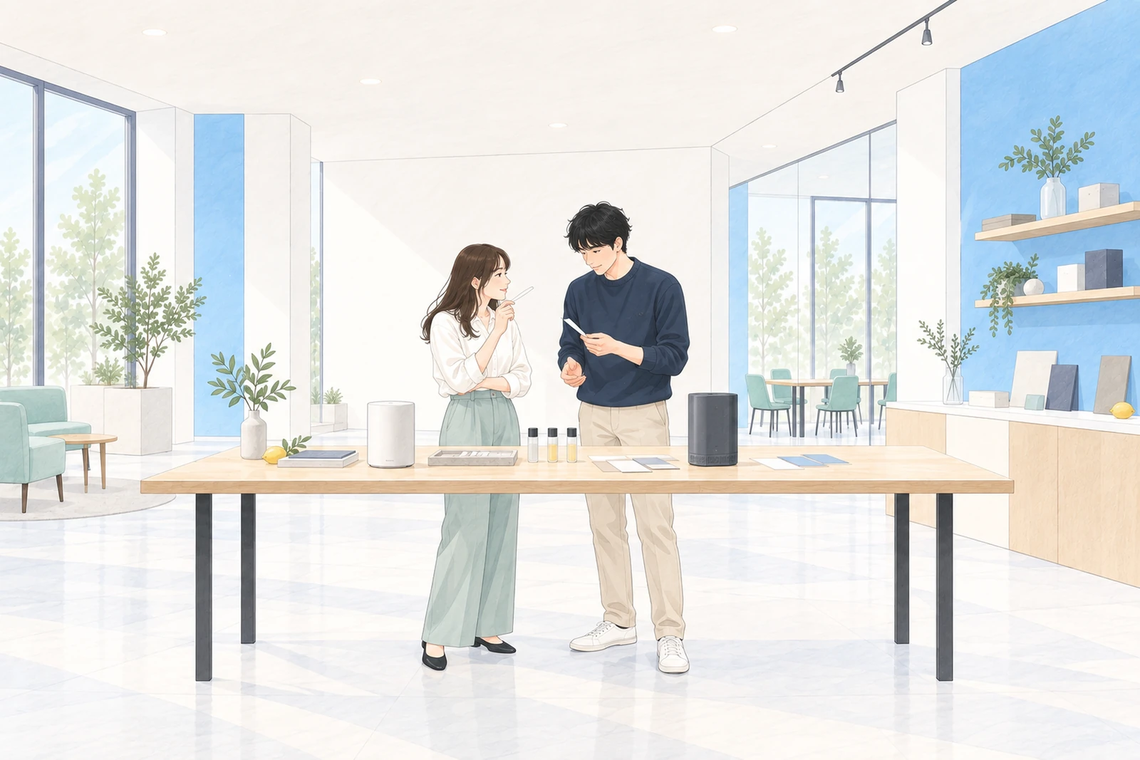 Two partners reviewing scent diffusers and fragrance samples in a bright showroom
